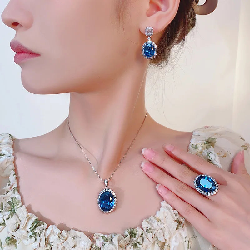 Gemfiori New European and American Luxury Set with Inlaid Blue Zircon Ring Earring Pendant High-end and Exquisite Three Piece Jewelry Set