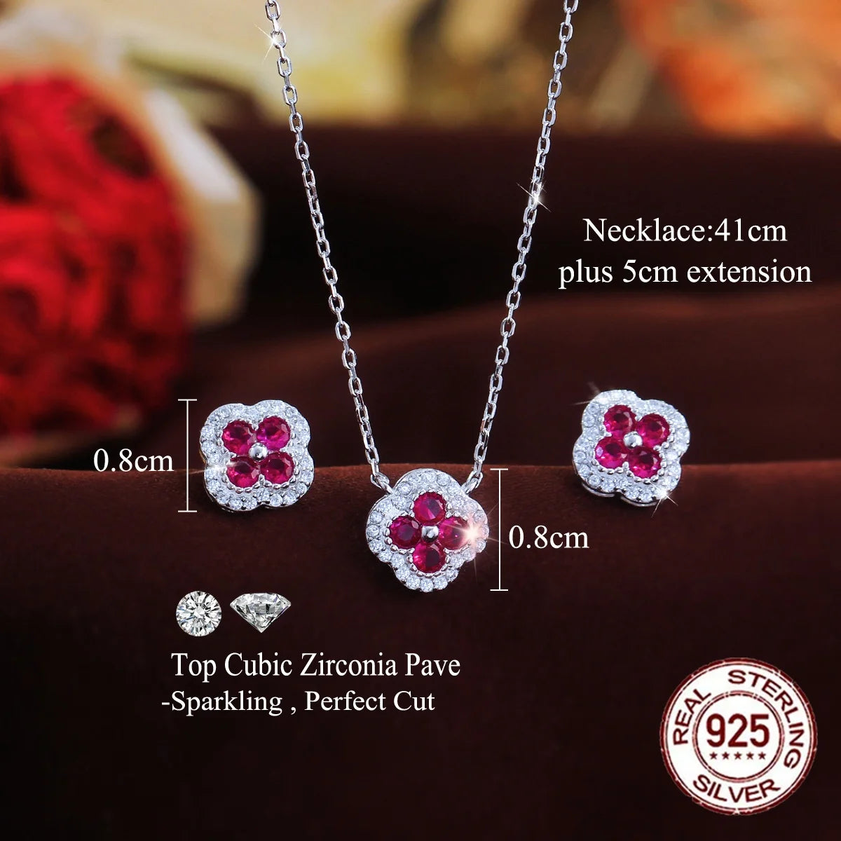 Fine Jewelry Blue CZ Cubic Zirconia  Necklace Earrings S925 Sterling Silver Four Leaf Clover Jewelry Set for Women Daily Wear