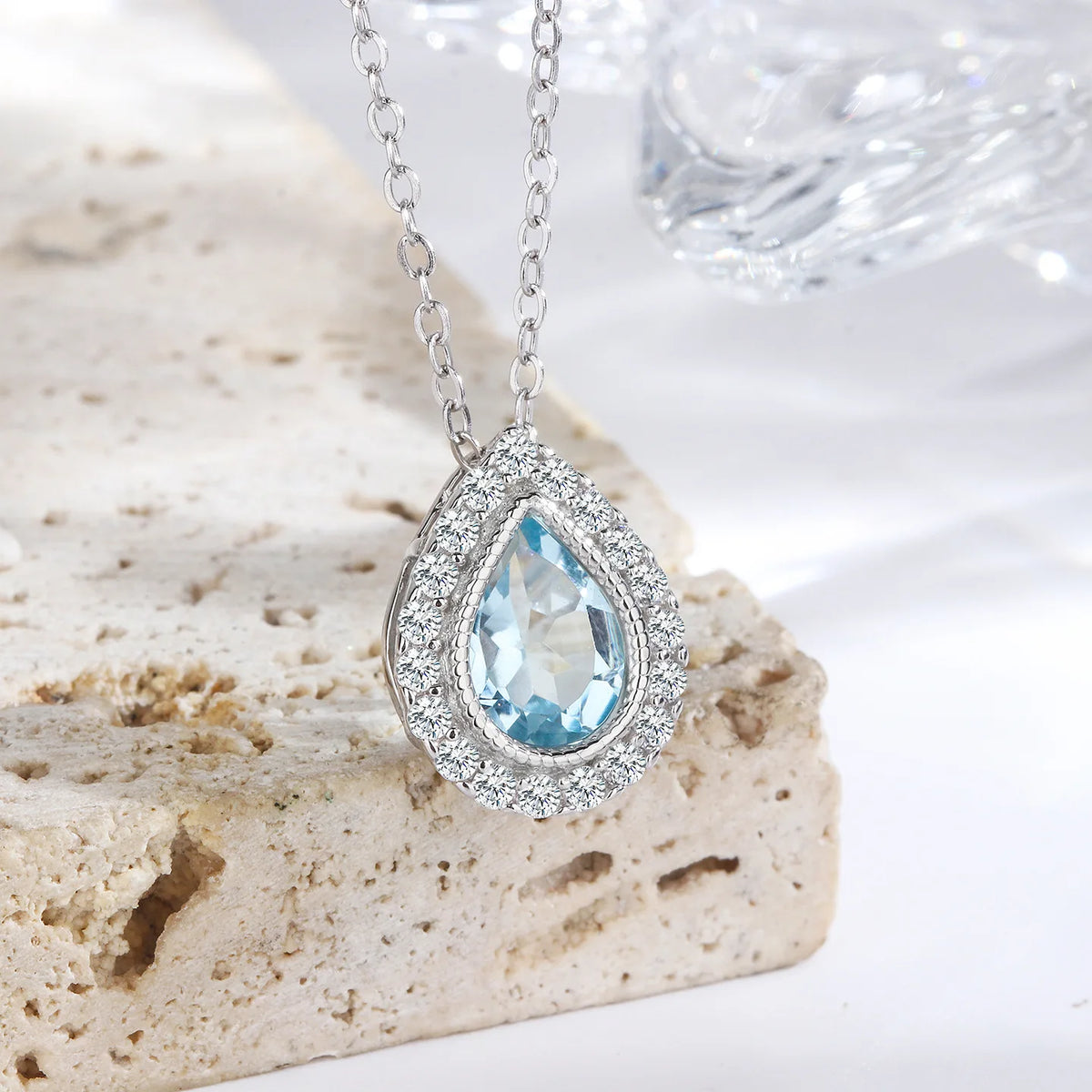 S925 Sterling Silver Blue Teardrop Pendant Necklace Women Niche Designer Piece Blue Topaz Cross Chain Trendy Elegant Perfect