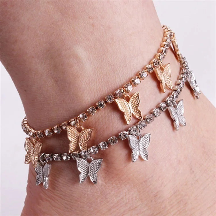 Wholesale Fashion Jewelry Anklet Bracelet Diamond Foot Cuban Link Chain Tennis Butterfly Anklet for Women