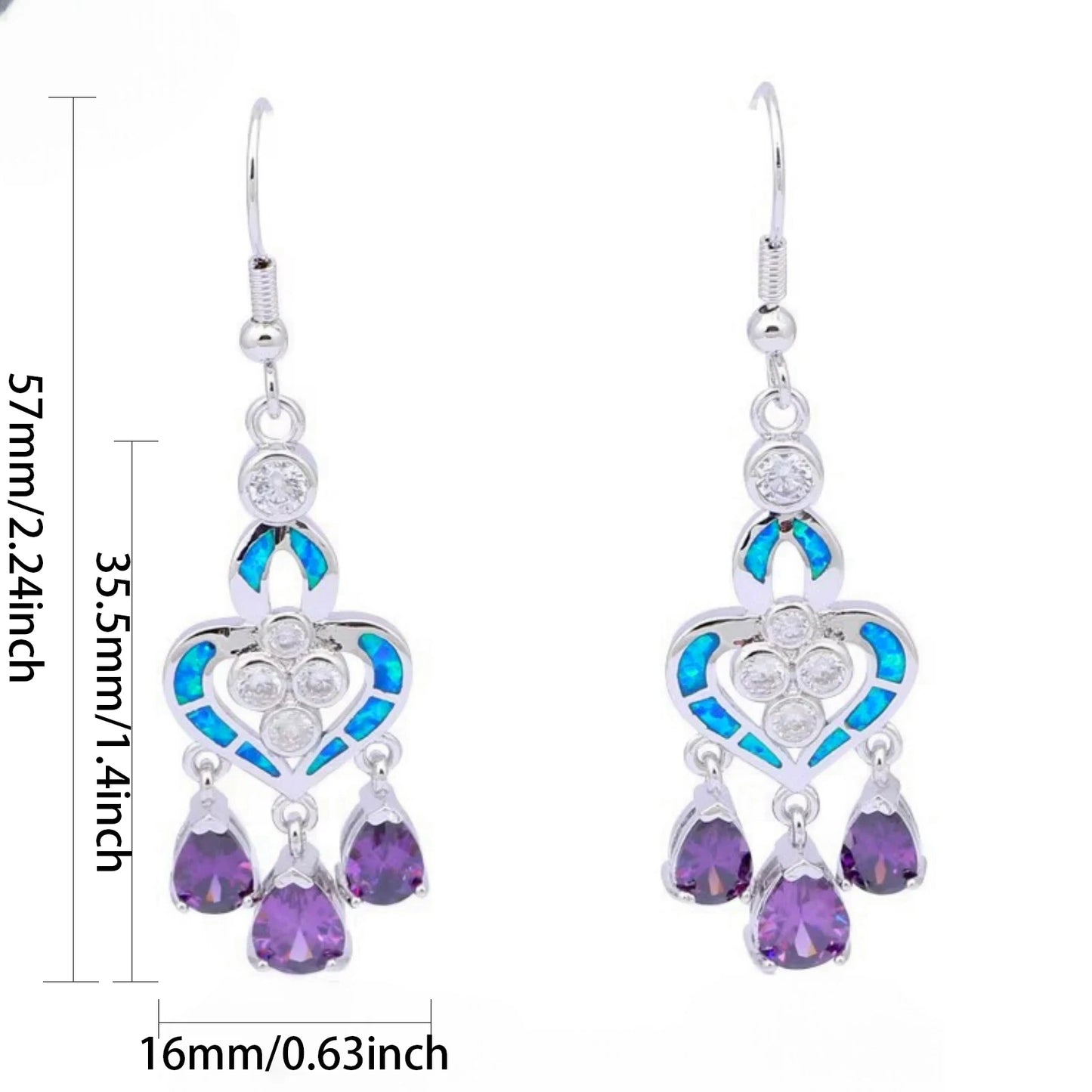 Ornate Heart Opal & Amethyst Drop Earrings - Blue Opal Inlay & Purple Gem Tassels | Glam Party Jewelry Bulk Gifts
