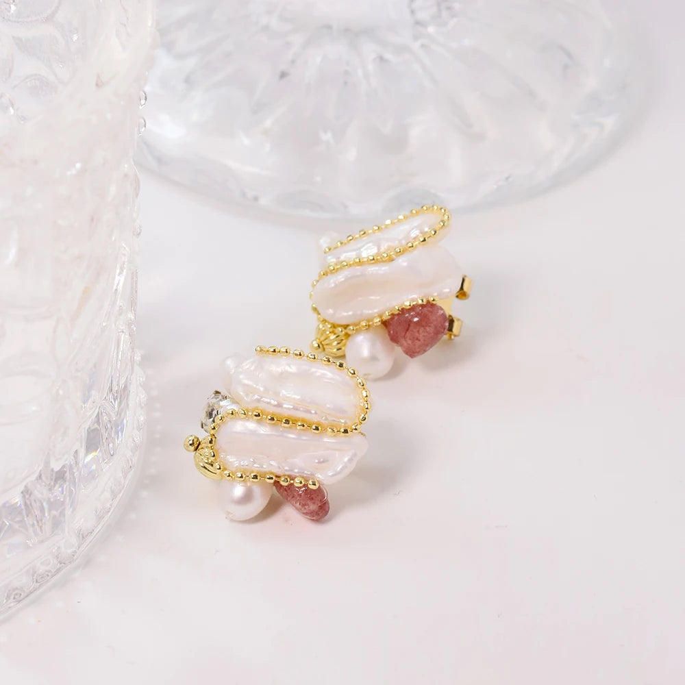 Natural Freshwater Baroque Pearl Strawberry Crystal Earrings Korean Style Women Luxury Jewelry Fashion Ladies and Girls Gift