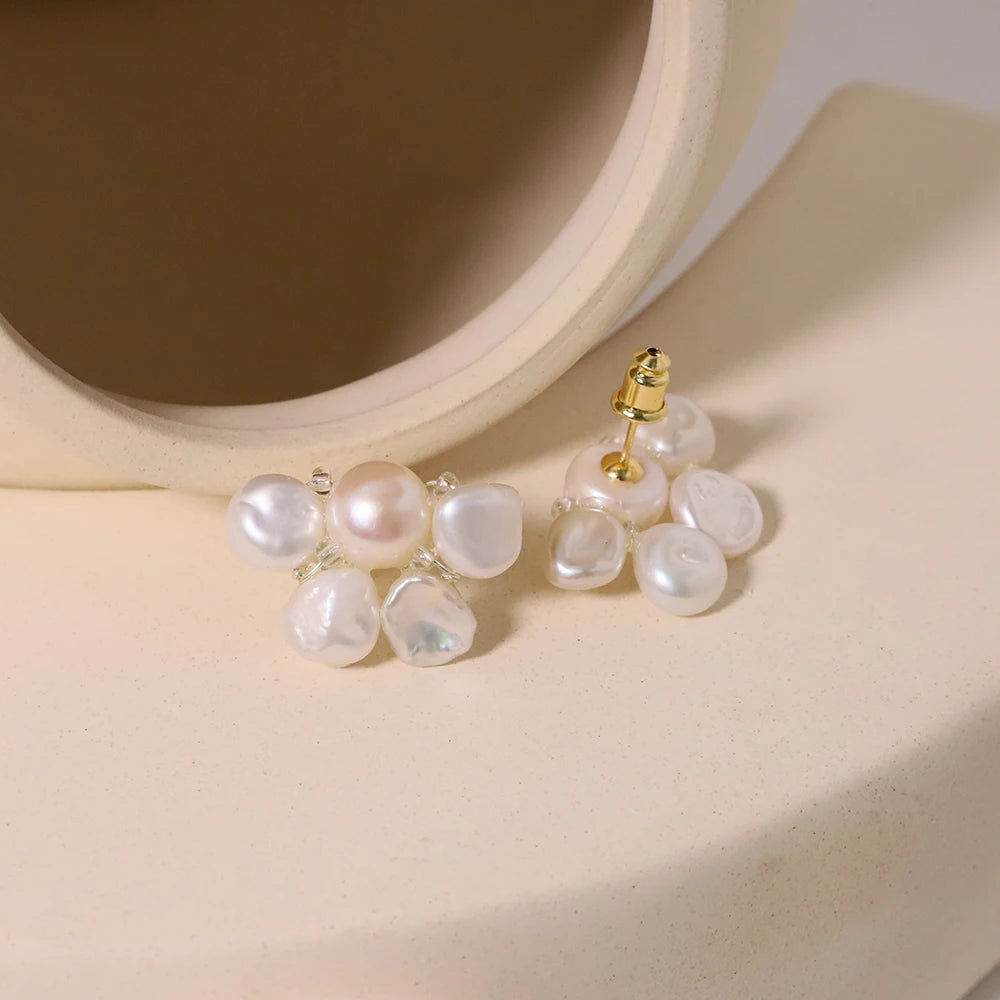 18K Gold Plated Stub One Baroque Pearl Pendant Earrings Natural Freshwater Pearl Flower Cluster Earrings for Ladies