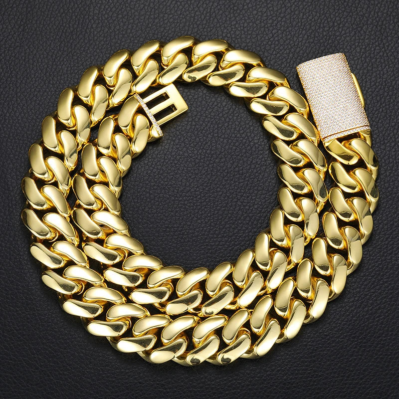 Luxury Miami Cuban Link Chain Bracelet Necklace Brass 14k 18k Gold Plated Zircon Clasp Iced Out 3D Logo Laser Engraving Jewelry