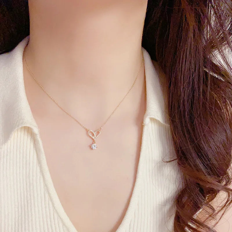 High Quality Fashion Luxury Heart Zircon Necklace and Earrings Set Classic Real Gold Plated Jewelry Set for Women