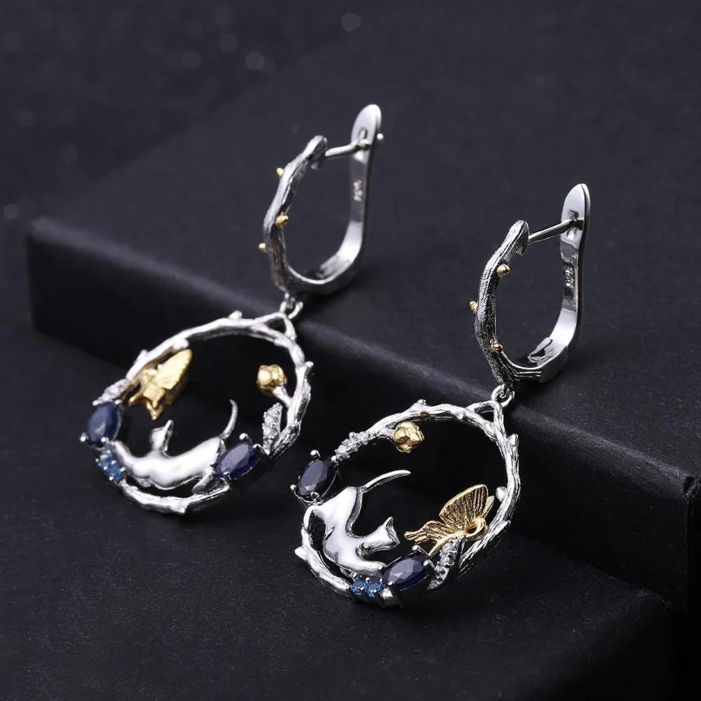 ArtistA Abiding OEM Jewelry Set 925 Sterling Silver Ring Earring Necklace Gemstone Sapphire Cat & Butterfly Women Jewelry Set