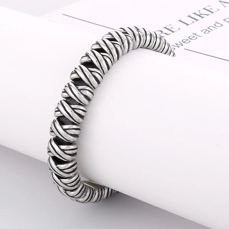REBEL 225mm Fashion Cowhide Leather&Stainless Steel Wrapping Bandage Links Bracelet