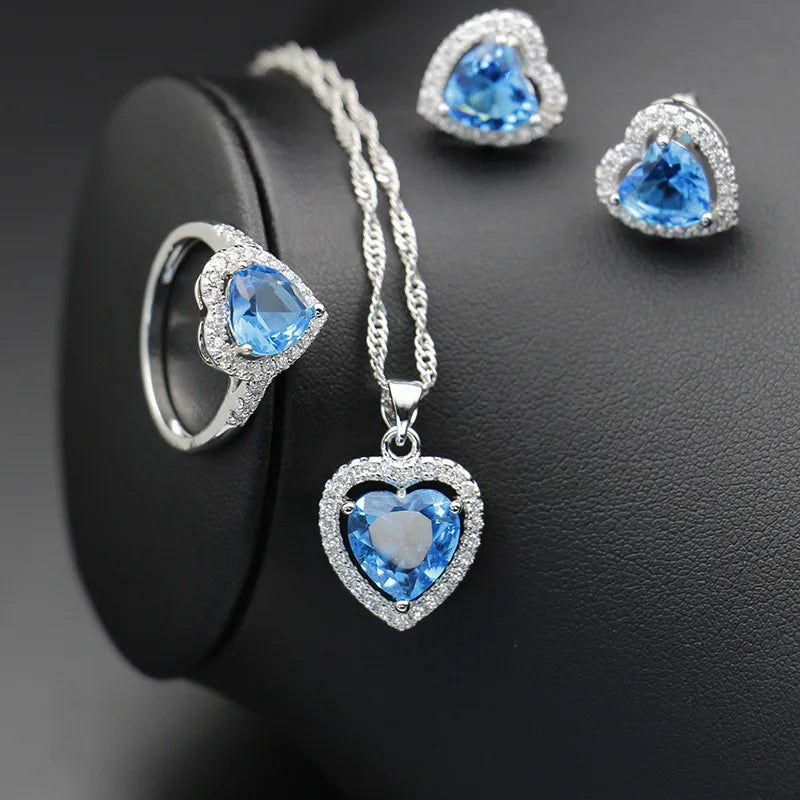 FASHIONISTA Price Elegant Blue Zircon Heart Brass Copper Rose Gold Plated Bridal Wedding Jewelry Set Jewelry Factory