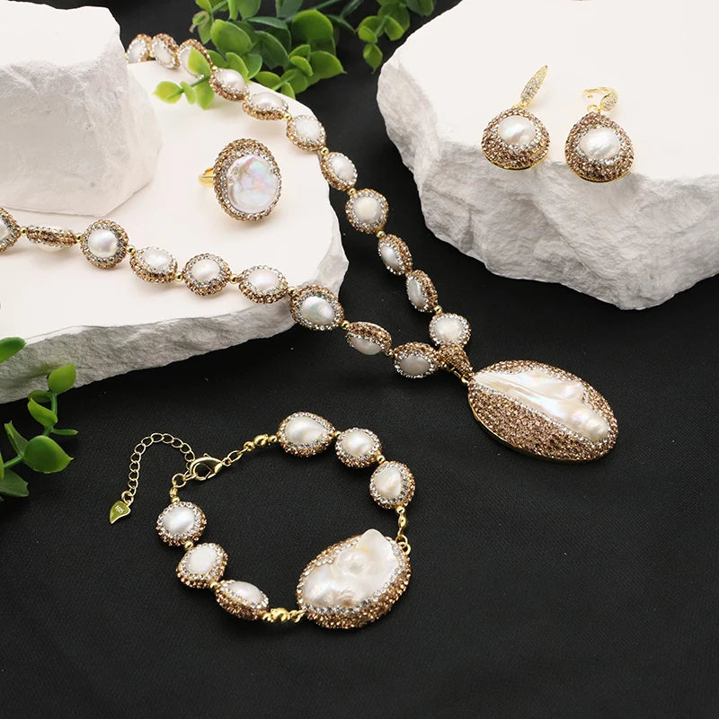 XOTICA Natural Baroque Pearl 18K Gold Plated Women's Gift Jewelry Necklace Bracelet Earrings Fashion Designer Jewelry Set