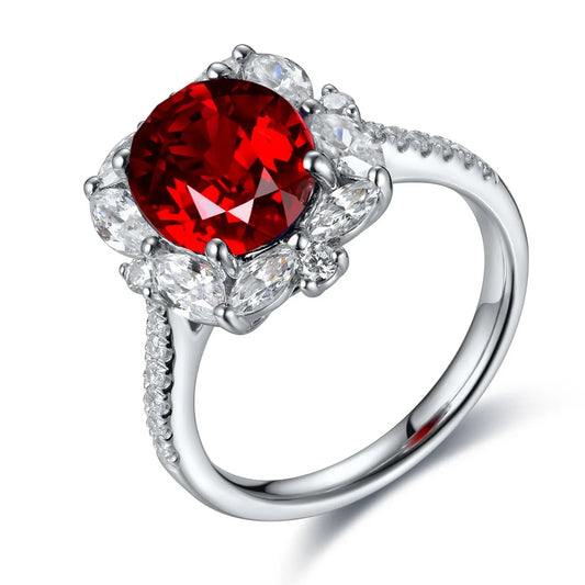 Gemfiori S925 Sterling Silver Ring for Women Colored Ice Flower Cut Oval Snowflake Red Lab Grown Ruby Ring