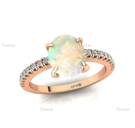 Unique Design Oval Shape Natural Ethiopian Opal Gemstone Ring Pure 14K Gold Rhodium Plated Adorned Genuine IGI Diamonds