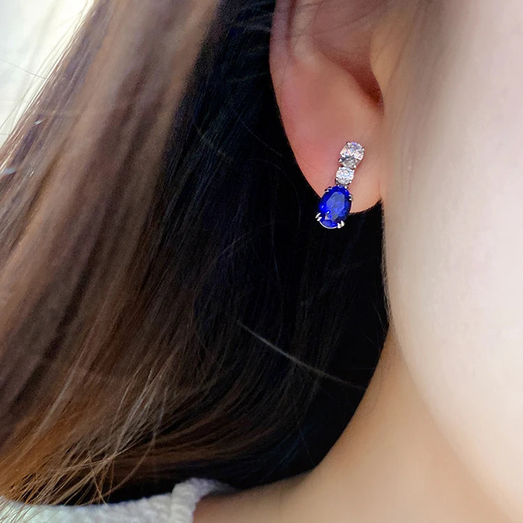 BiG-BOSS S925 Silver Oval Cut Lab Grown Sapphire Blue Color Gemstone Drop Earrings for Women