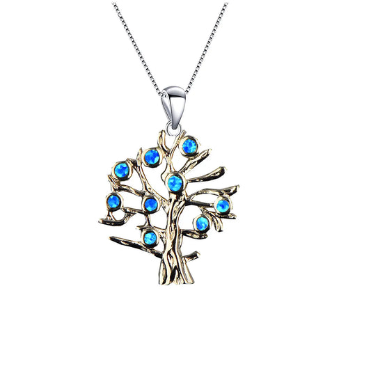 Copper Opal Tree Life Blue Tiny Pendant Flower Sweater Chain Women's Gift Silver Plated TikTok Ins Trendy Jewelry