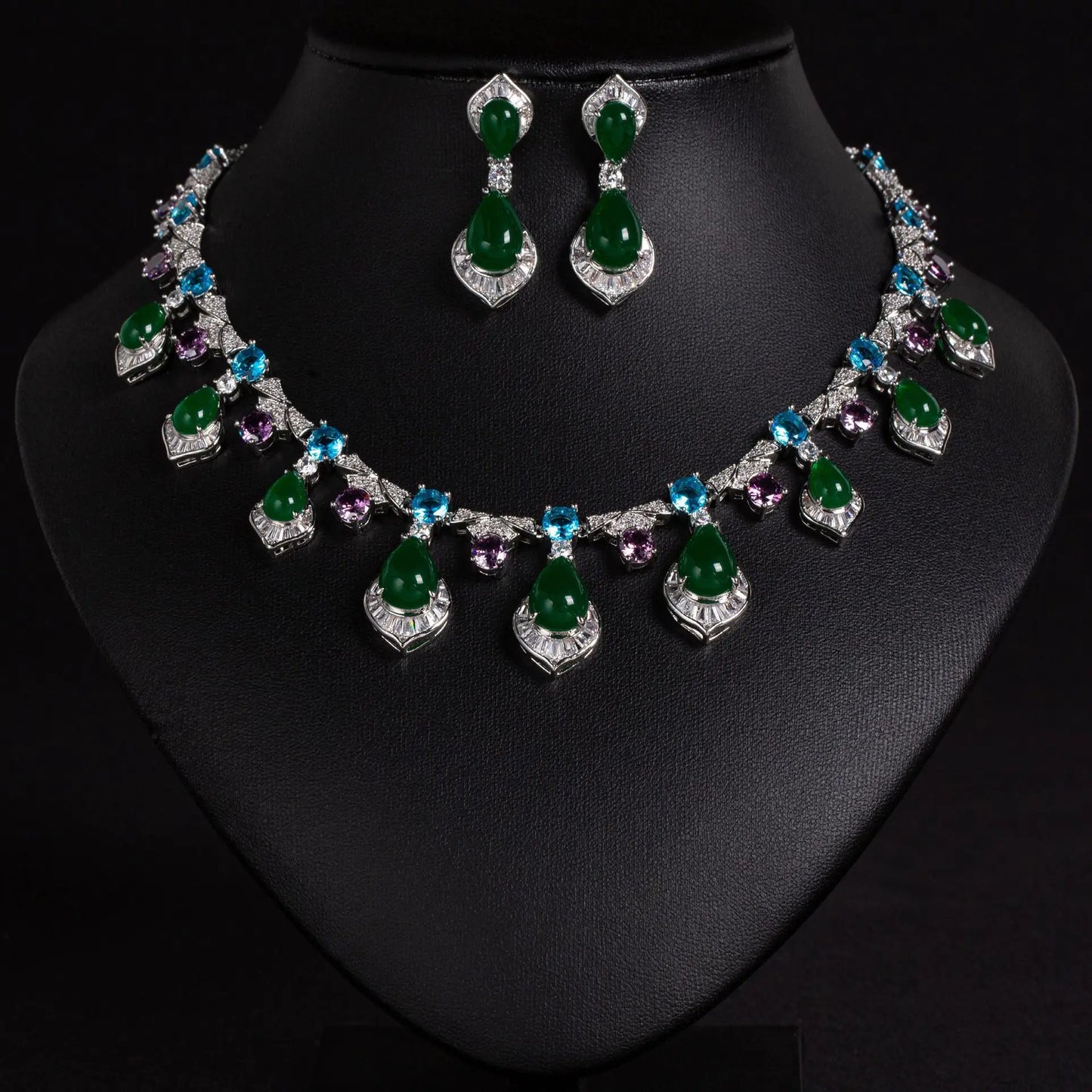 Luxury Full Pavé Colourful Zirconia Geometric Necklace & Earrings Bridal Set — Red, Green & White