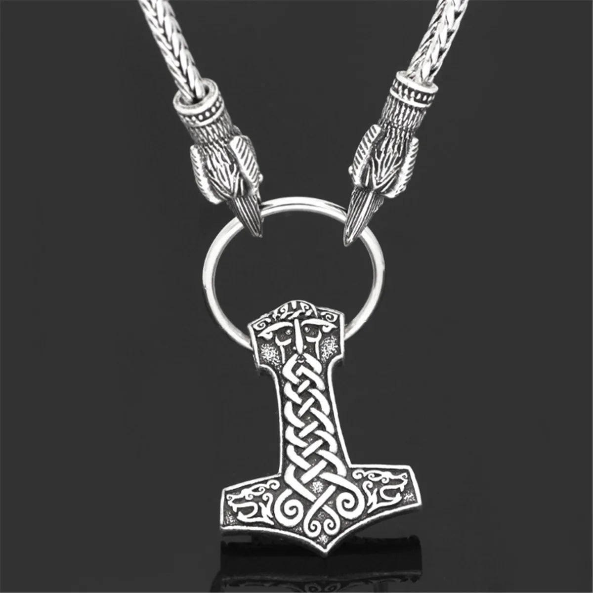 REBEL VIKING Odin Wolf Head & Thor Hammer Mjolnir Pendant Necklace – Silver 60cm