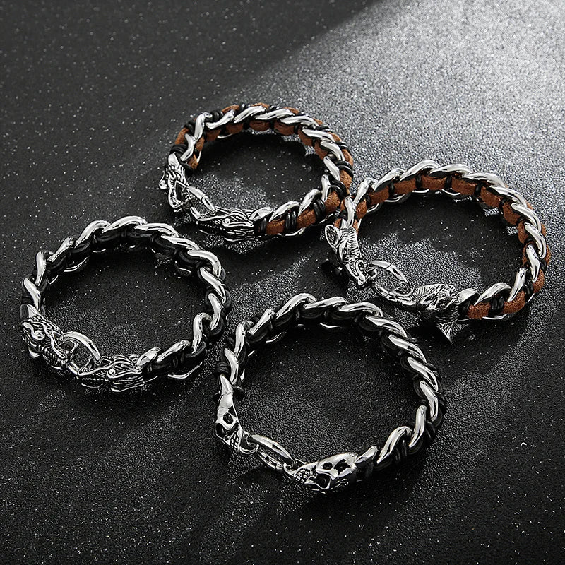 REBEL Fashion Mens Fashion Punk Stainless Steel Leather Dragon/Wolf Link Chain Bracelet