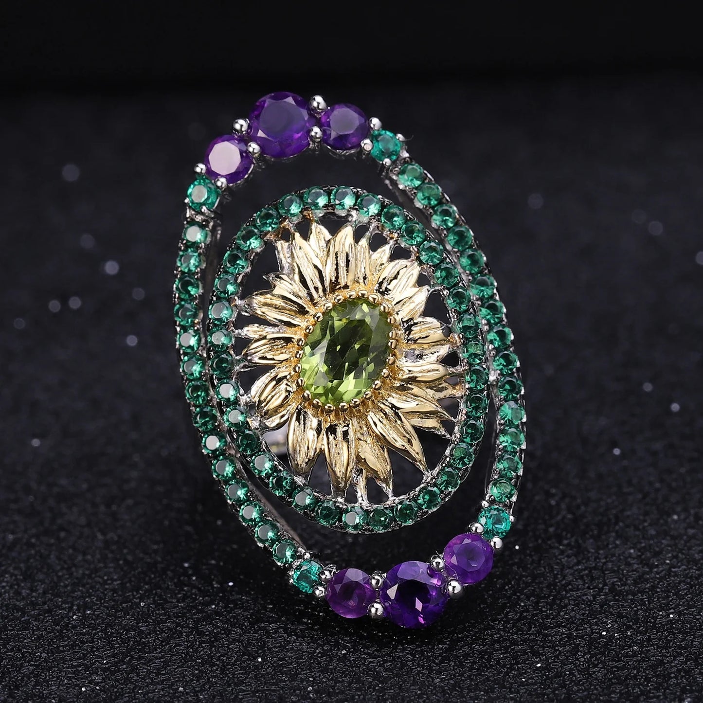 Abiding Hot Sale 925 Sterling Silver Jewelry Set Handmade Natural Peridot Ring Earring Sunflower Jewelry Set