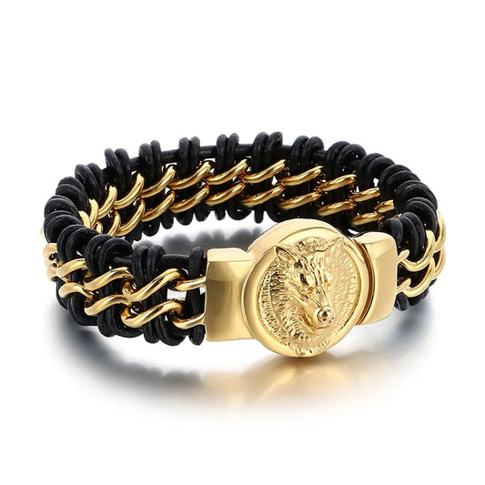 REBEL Fashion Mens Fashion Punk Stainless Steel Bracelet Lion/Wolf Link Chain Bracelet