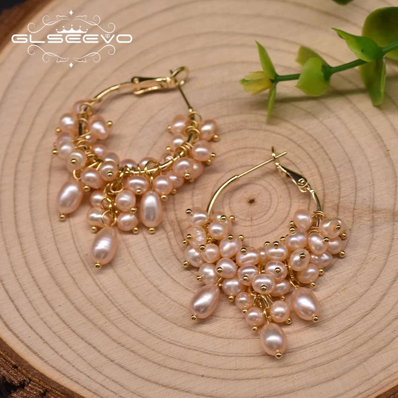 Natural Freshwater Pearl Pink Hoop Earrings Gifts for Women Girl Weddings Round Fashion Handmade Jewelry