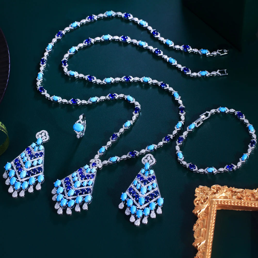 4pcs Middle East Style Zircon Long Blue Turquoise Necklace Earrings Bridal Jewelry Set for Women Wedding Party Dress Accessories
