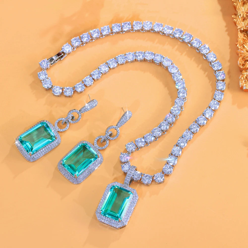 Luxury Big Blue Square Shaped CZ Stone White Tennis Necklace and Earrings Set Women Wedding Party Pendant Jewelry Accessories