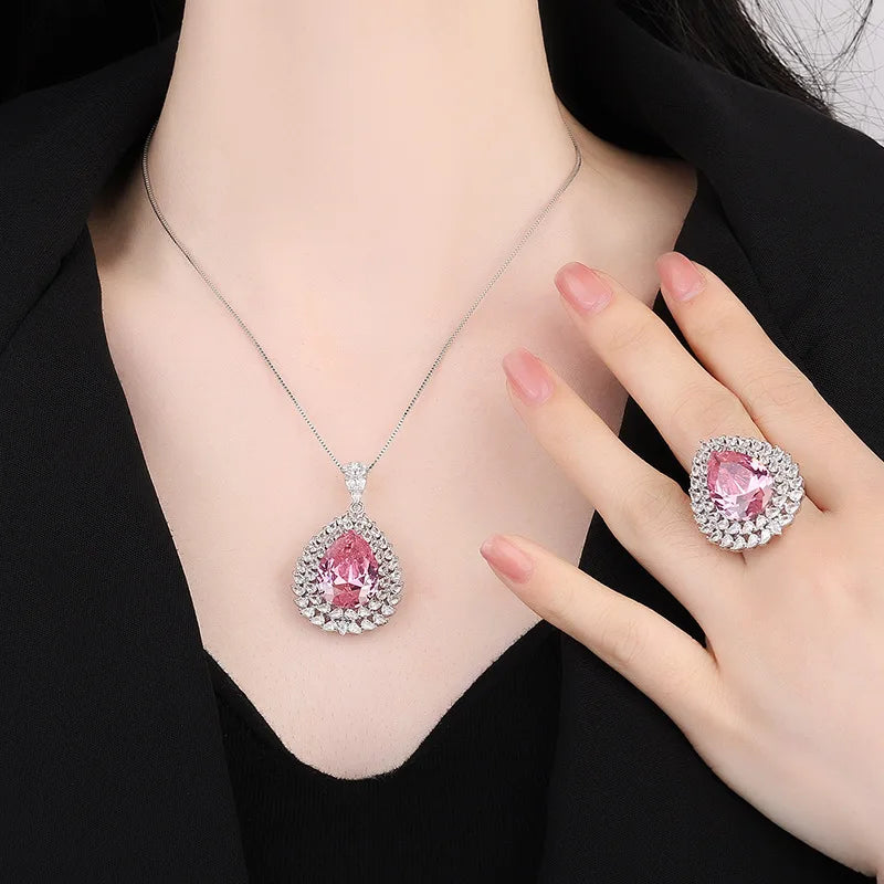 Gemfiori European and American New Light Luxury pink Zircon Pendant Ring High-end Micro Inlaid Water Droplet Shaped Dazzling Jewelry Set