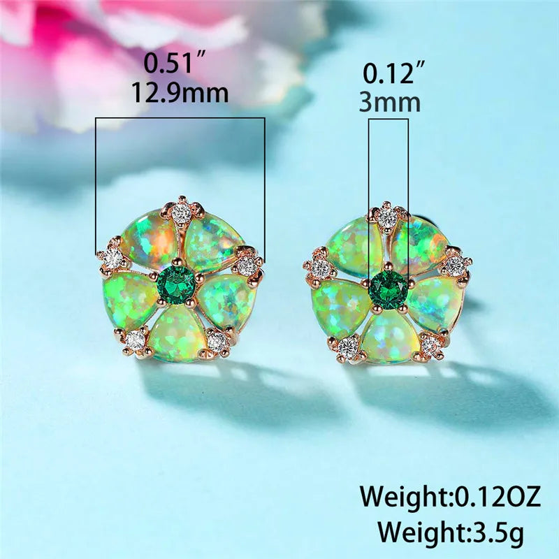 Floral Opal & Emerald Stud Earrings - Iridescent Opal Petals & Green Gem Center | Elegant Daily Jewelry Bulk Gifts