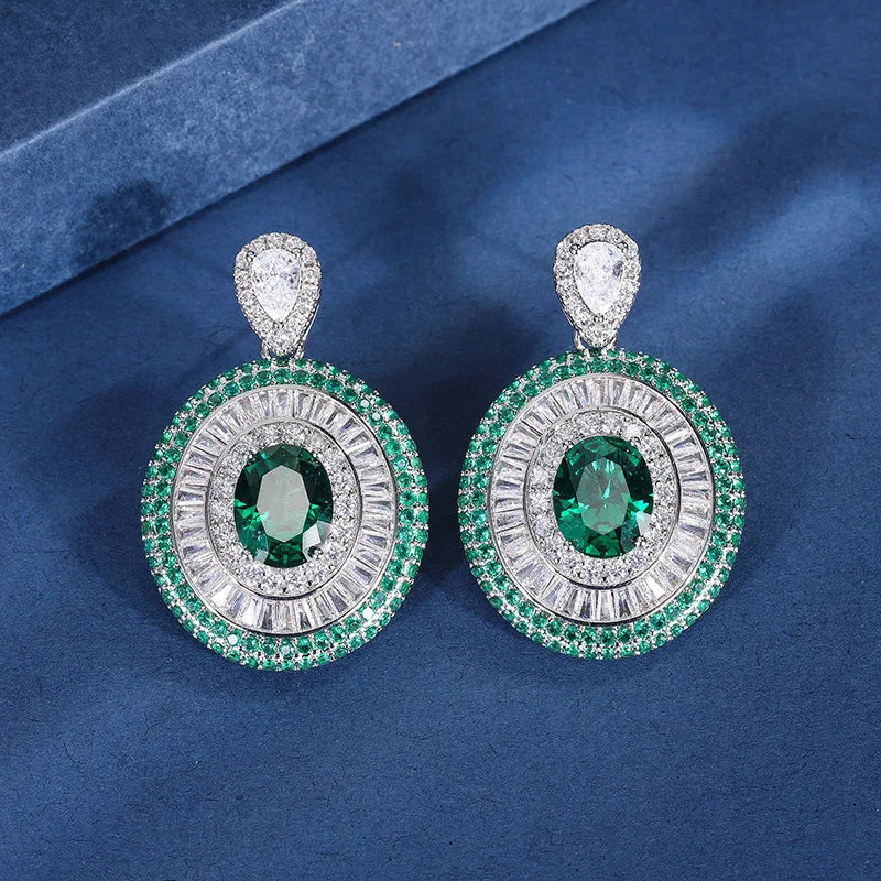 Gemfiori European and American Luxury Jewelry Set with Egg Shaped Emerald Zircon Pendant Ring Earrings High-end Accessories