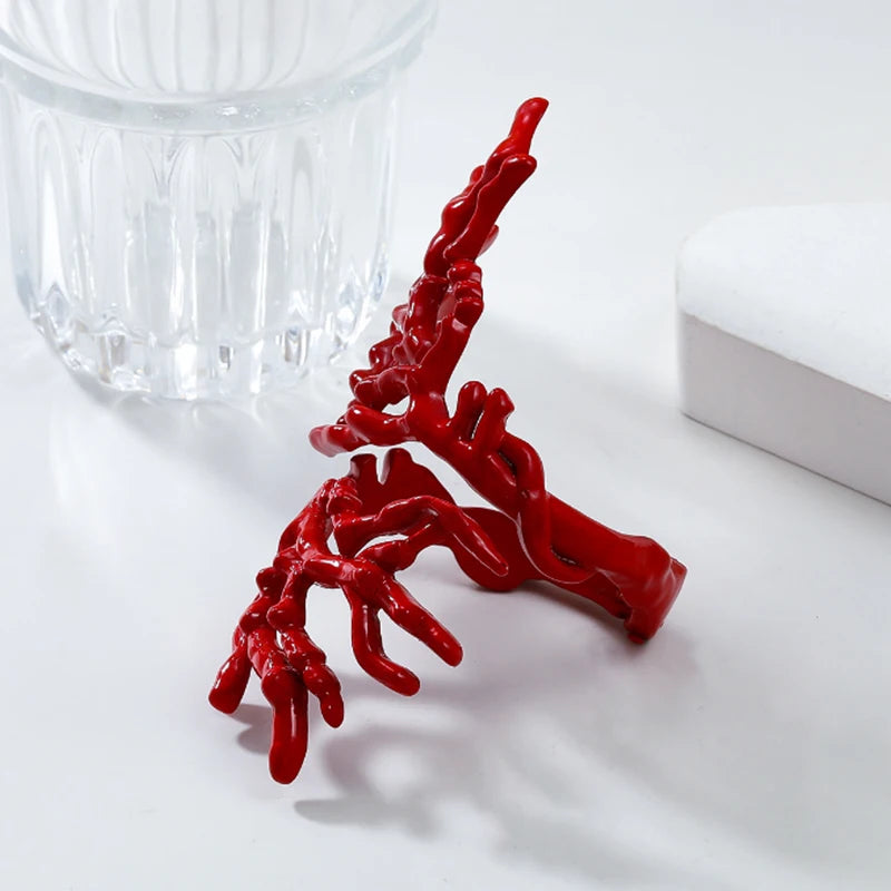 Red Coral Branch Alloy Jewelry Set, Adjustable Bangle & Ring, Bold Hip-hop Statement Pieces for Summer & Beach Parties