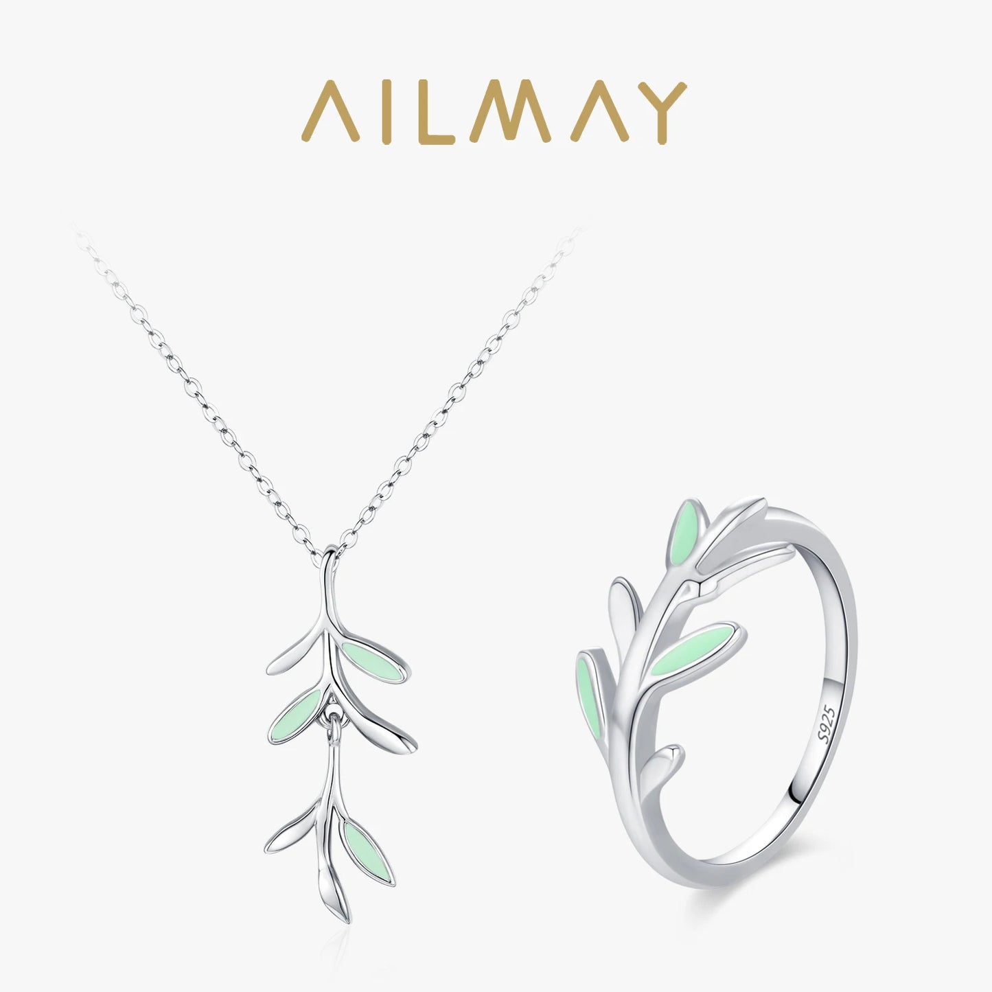 Ailmay 925 Sterling Silver Tree Branch Leaf Enamel Rings Necklace For Fine Female Fashion Jewelry Set