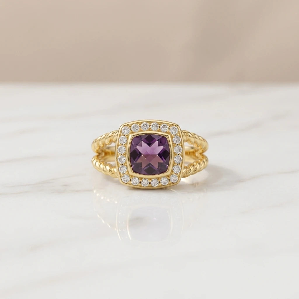 FASHIONISTA DY High-Quality Silver-Plated 14mm Square Diamond-Set Ring, Gold-Plated Colored Gemstone-Set Ring, Jewelry