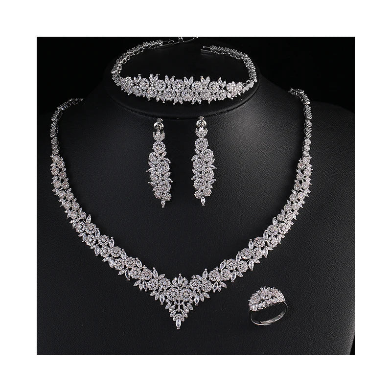 Luxury Round Brilliant Zirconia Exquisite 4-Piece Geometric Romantic Bridal Set — Rhodium Plated