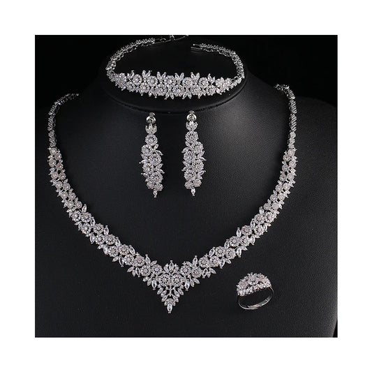 Luxury Round Brilliant Zirconia Exquisite 4-Piece Geometric Romantic Bridal Set — Rhodium Plated