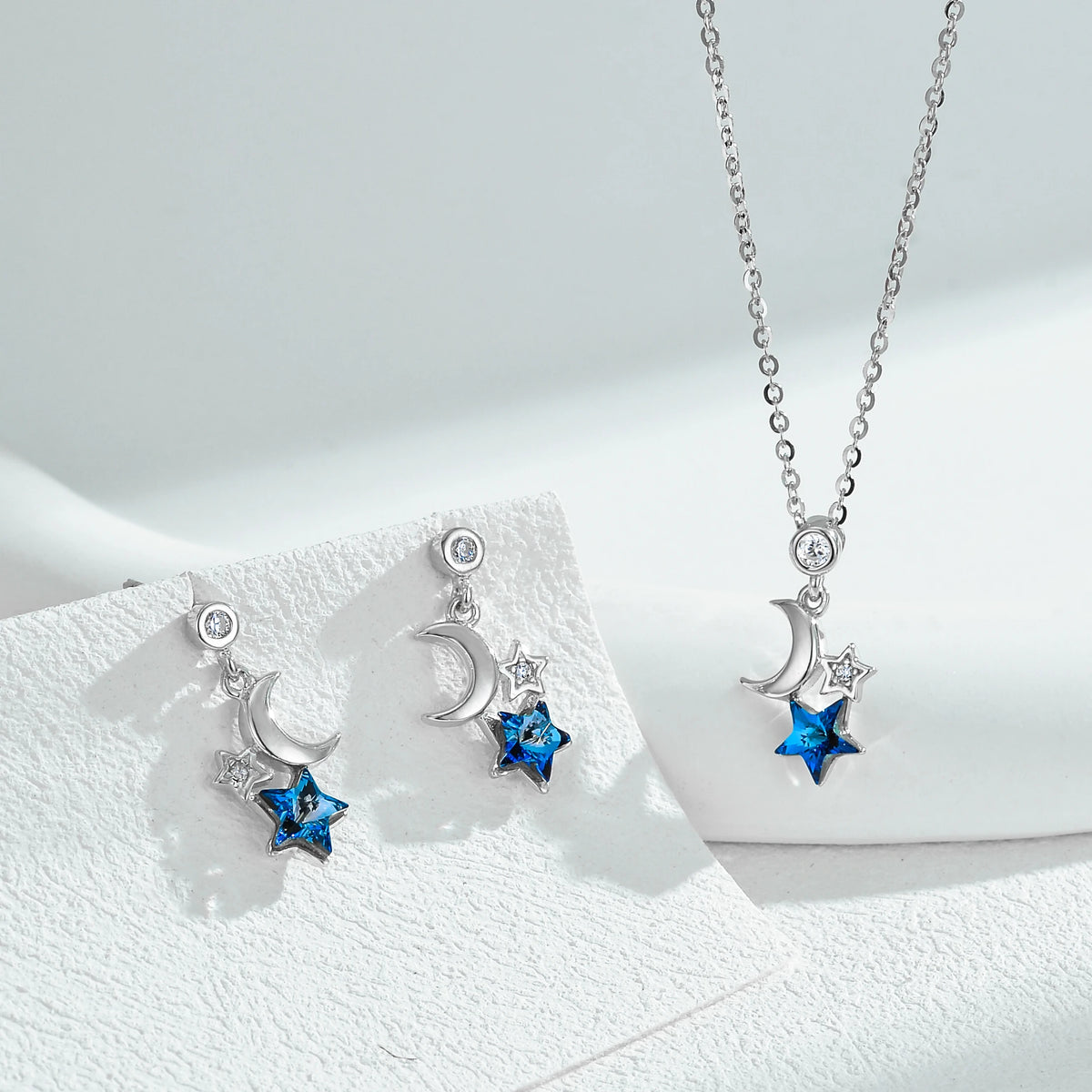 ArtistA Romantic 925 Sterling Silver Blue Star Crescent Moon Jewelry Set Austrian Crystal Drop Earrings Necklace for Women Birthday Gift