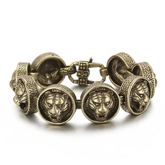 KALEN 225mm Punk Brass Stainless Steel Round Link Bracelets With Tiger Patterns