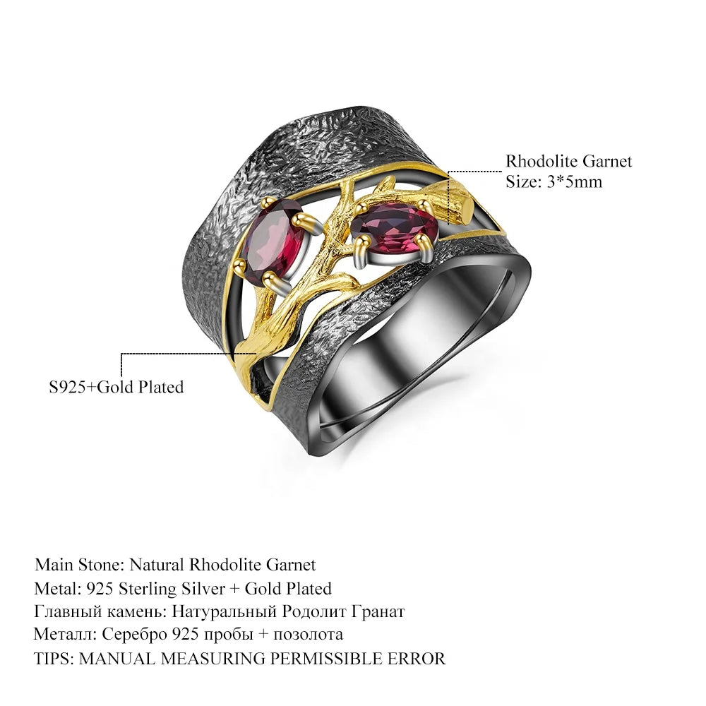 ArtistA Abiding 925 Sterling Silver Gold Plated & Black Gun Plated Handmade Flower Branch Natural Rhodolite Garnet Women Jewelry Set