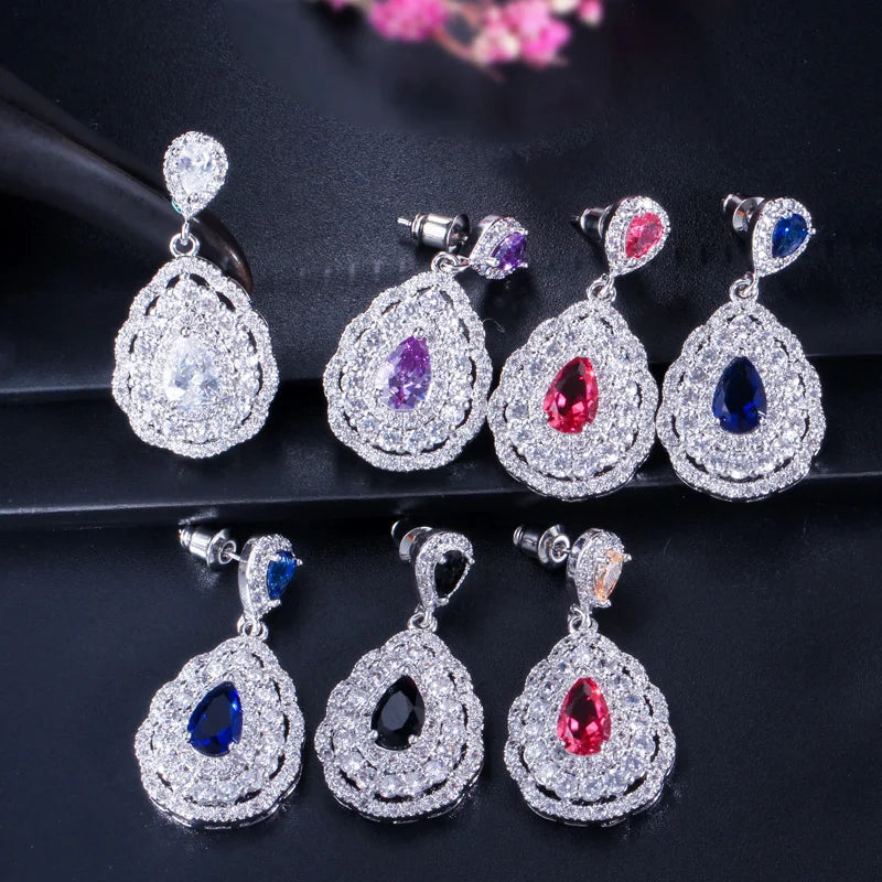 3 Layers Cubic Zircon Paved Purple Big Water Drop Silver Color Women Wedding Engagement Jewelry Set of Earrings Necklace Ring