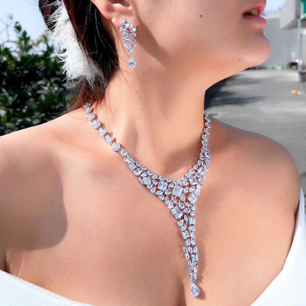High Quality Luxury Statement Cubic Zirconia Drop Chunky Nigerian Wedding Necklace and Earring Bridal Jewelry Set for Women