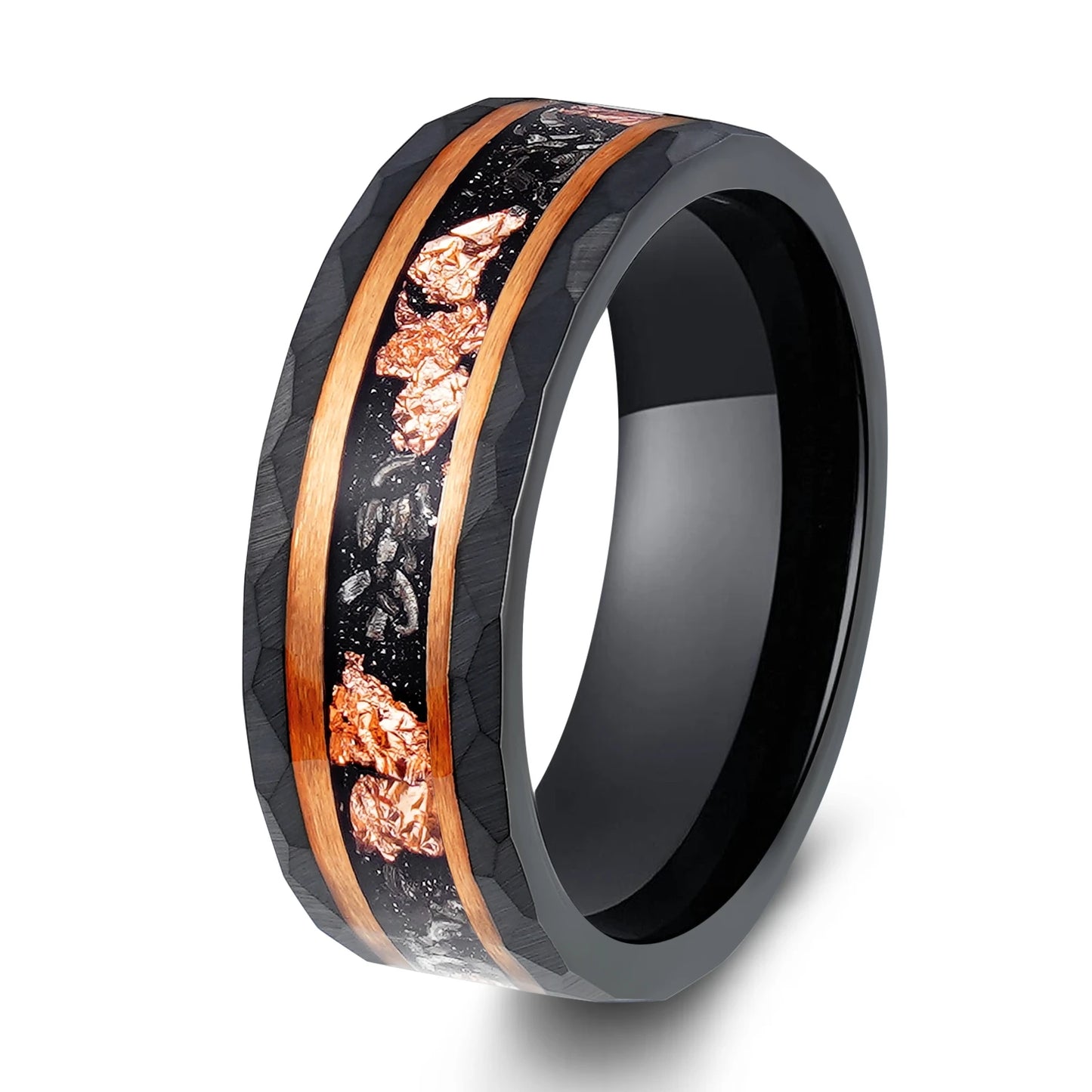 Classic 8mm Black Tungsten Carbide Ring Gold Foil Iron Shavings Inlay Wedding Band Men Anniversary Jewelry