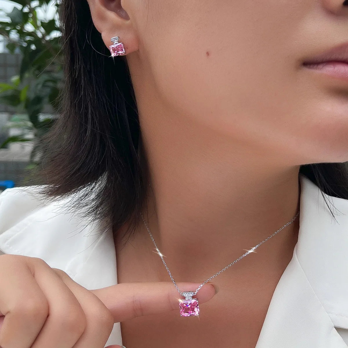 REDheart 925 Sterling Silver Pink Zirconia Diamond Perfume Bottle Pendant Necklace Earrings Sets Luxury 2pcs Jewelry Sets Wedding Gift