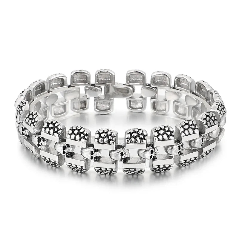 KALEN 220mm Men Punk Flexible Stainless Steel Skull Charm Links Bracelet