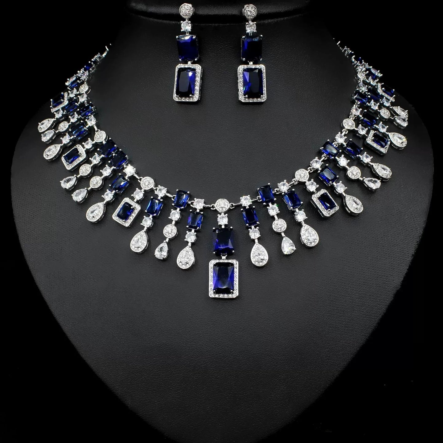 Luxury Cushion-Cut Zirconia Flower Statement Necklace & Drop Earrings Set — Silver Plated