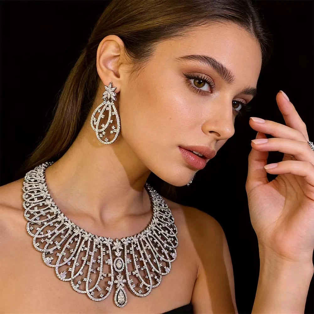 XM S32 Luxury Full Zircon Collar Necklace Earrings Set Silver Plated Women Bridal Wedding Gift Party Prom Statement Jewelry