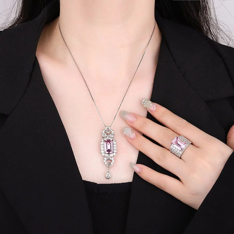 Gemfiori European and American Style High-end and Atmospheric Zircon pink Pendant Ring Set with Temperament Accessories