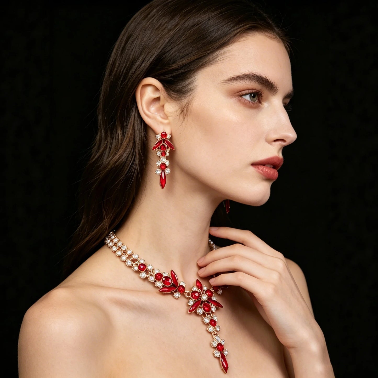 XM S340 Champagne Crystal Zircon Floral Necklace & Earrings Set