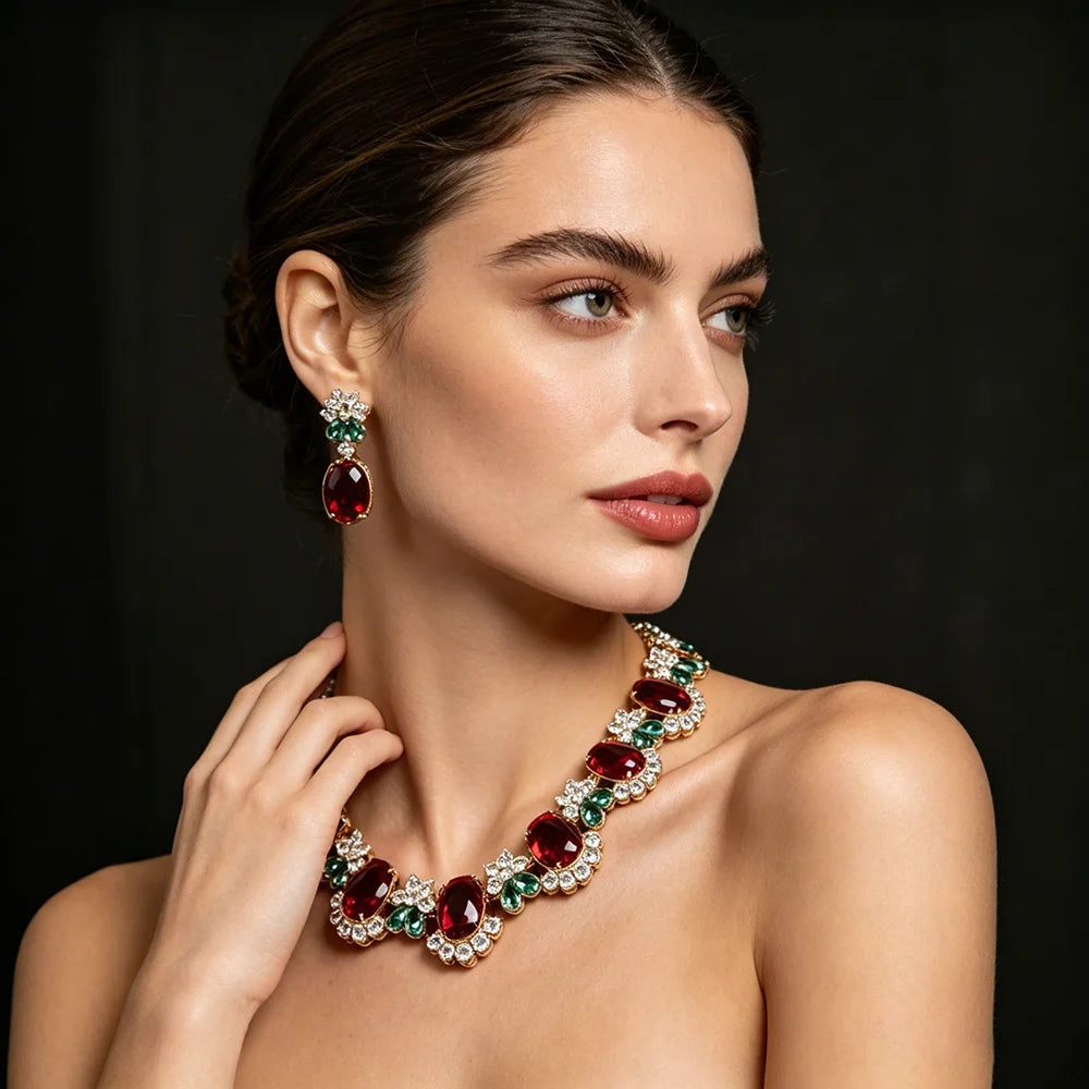 XM S313 Oval Cut Zircon Floral Statement Necklace & Earrings Set