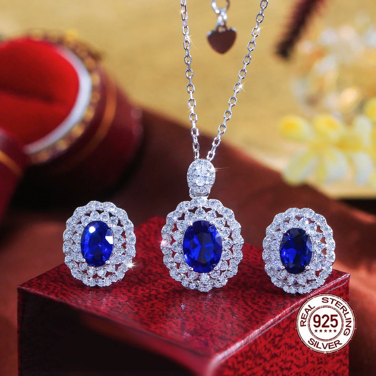 Vintage Style Royal Blue Cubic Zirconia 925 Solid Silver Necklace and Earring Set for Ladies Wedding Engagement Fine Jewelry Set