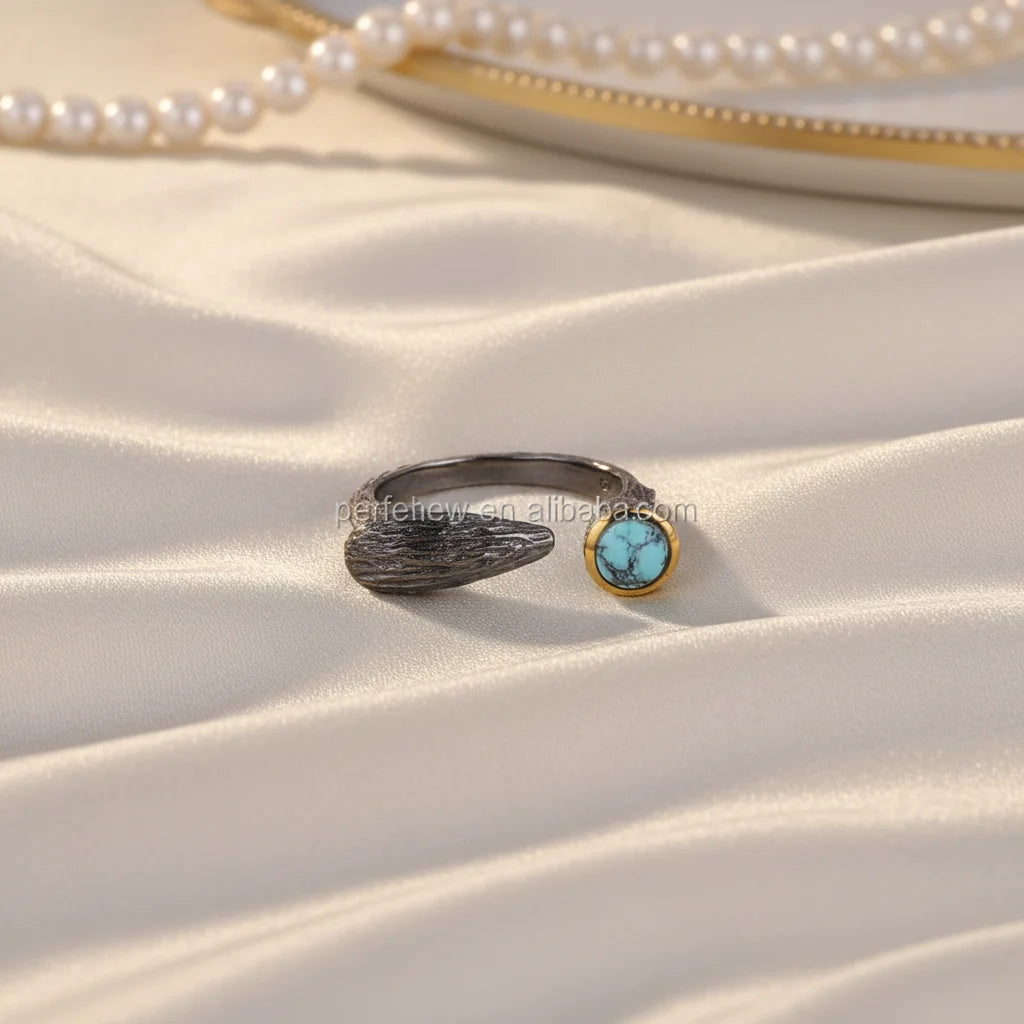Gemstone Recycled Jewelry Ring Luxury Adjustable Jewellery Rings Turquoise 925 Sterling Silver Ring