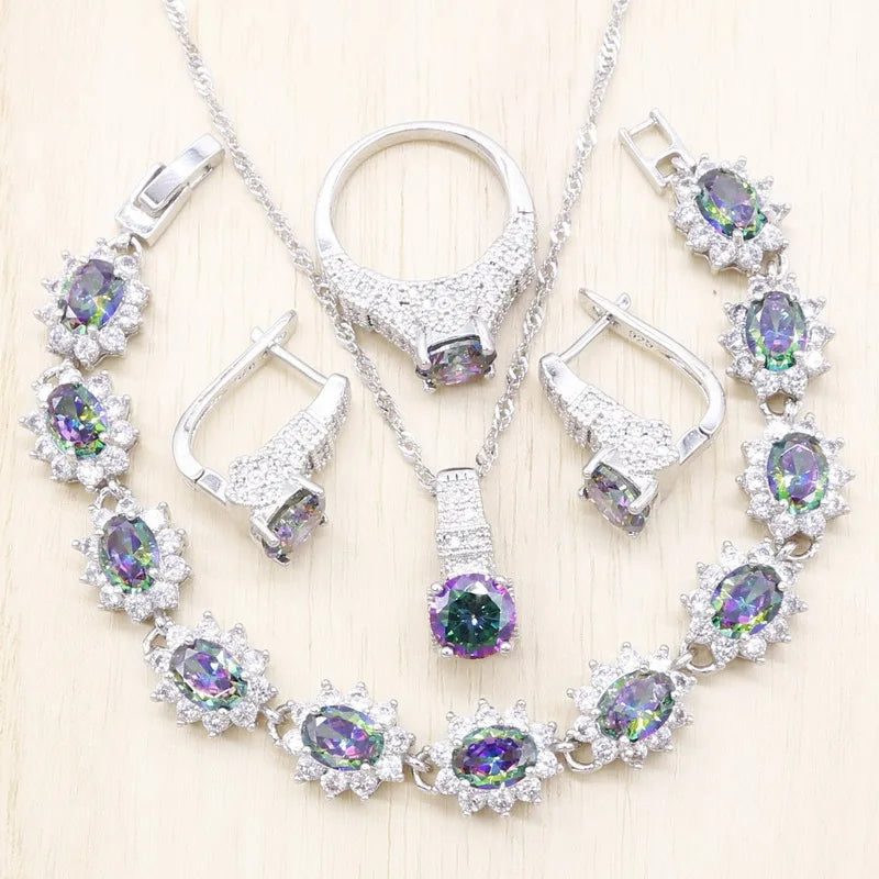 XOTICA Trendy 925 Sterling Silver Jewelry Set Luxury Rainbow Cubic Zircon Classic Wedding Party Bridal Earrings Pendant Necklace Design