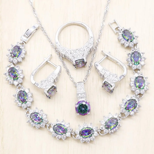 Trendy 925 Sterling Silver Jewelry Set Luxury Rainbow Cubic Zircon Classic Wedding Party Bridal Earrings Pendant Necklace Design